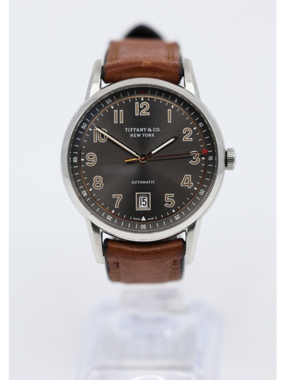 Tiffany & Co. CT60 Stainless Steel 40mm Men's Watch Brown Leather Band Gray Dial